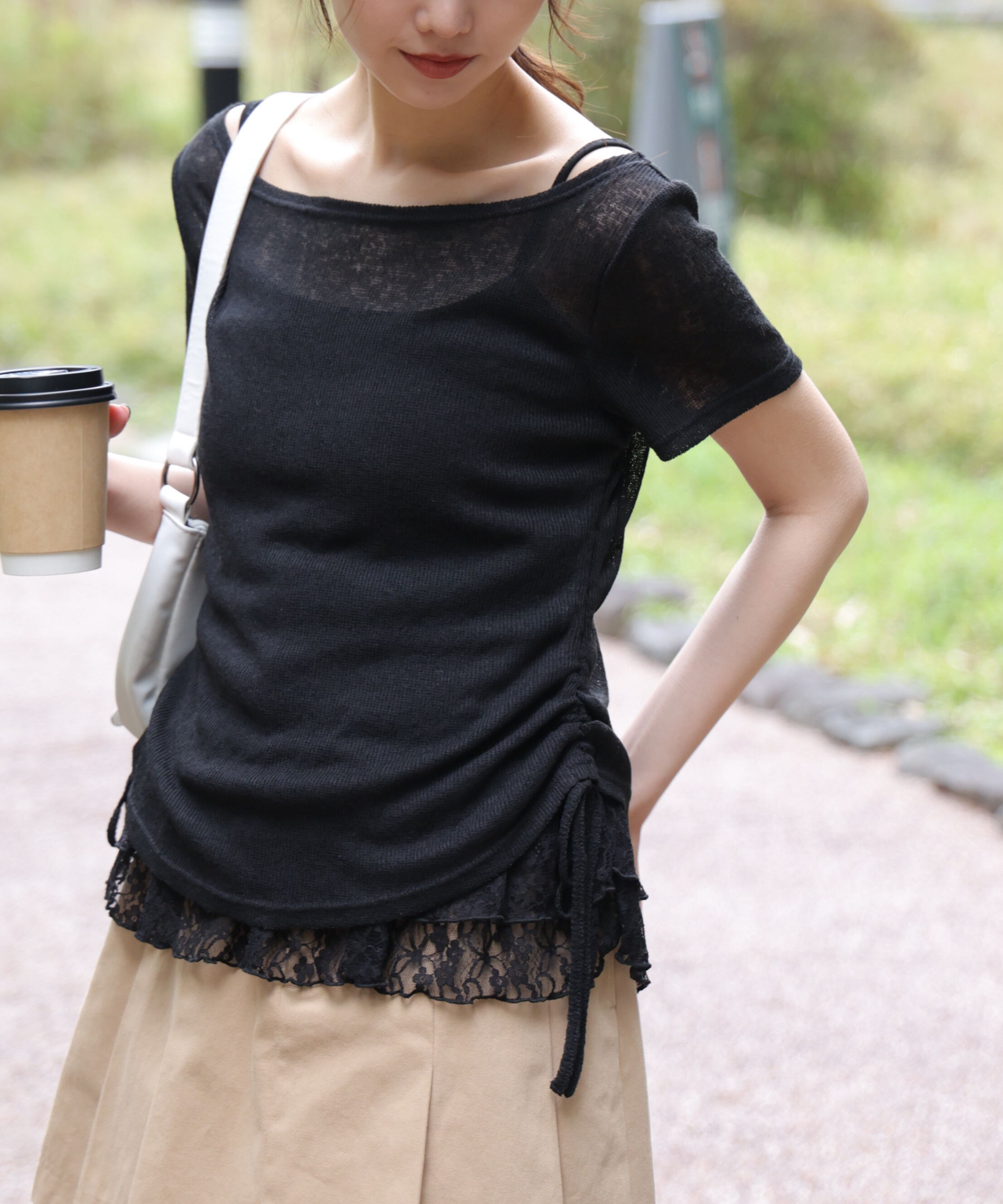  「メランジドロスト半袖レースティアードキャミセット」|Tシャツ・カットソー|