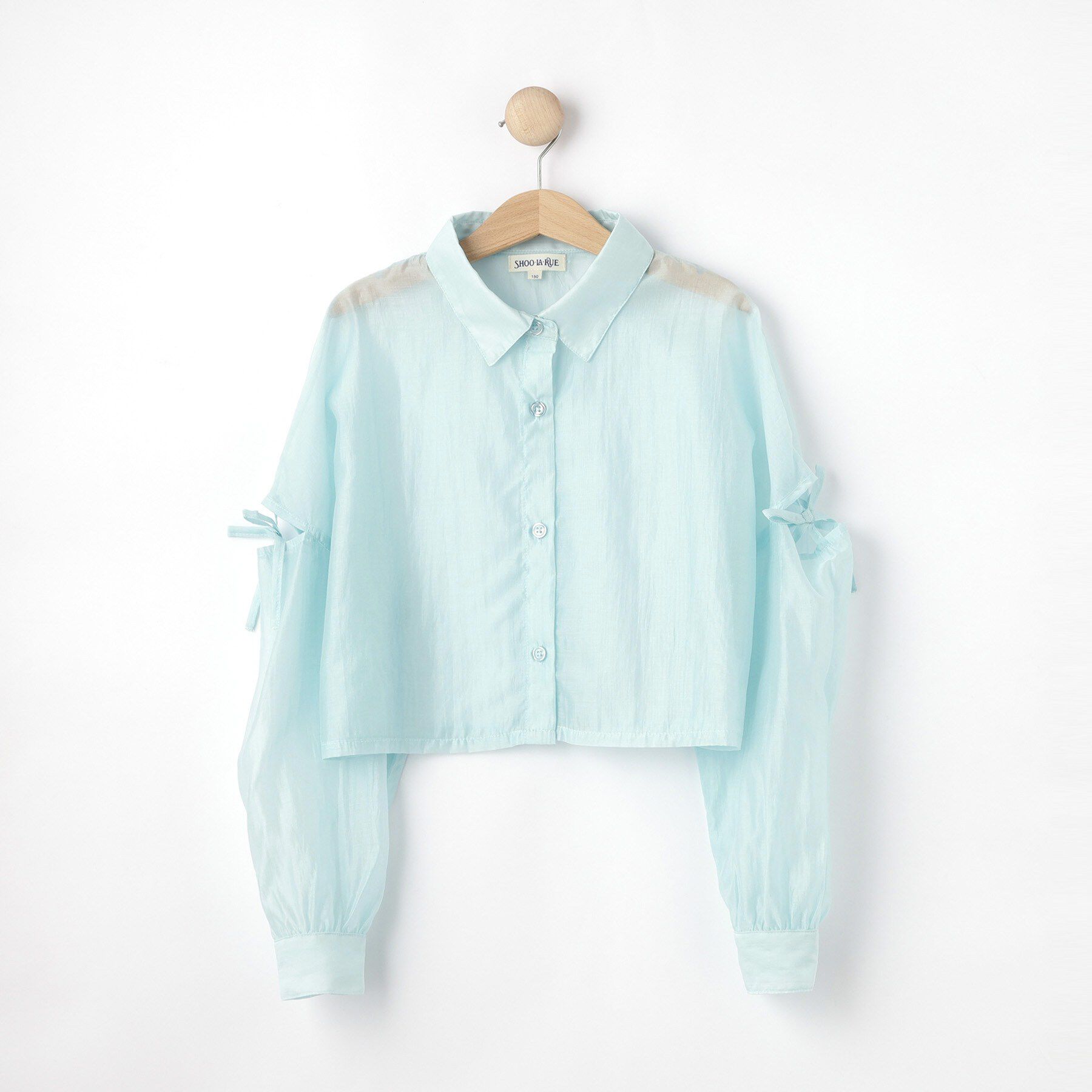 SHOO･LA･RUE「【130-150cm】クロップドシアーリボンシャツ」|シャツ・ブラウス|サックスブルー(09