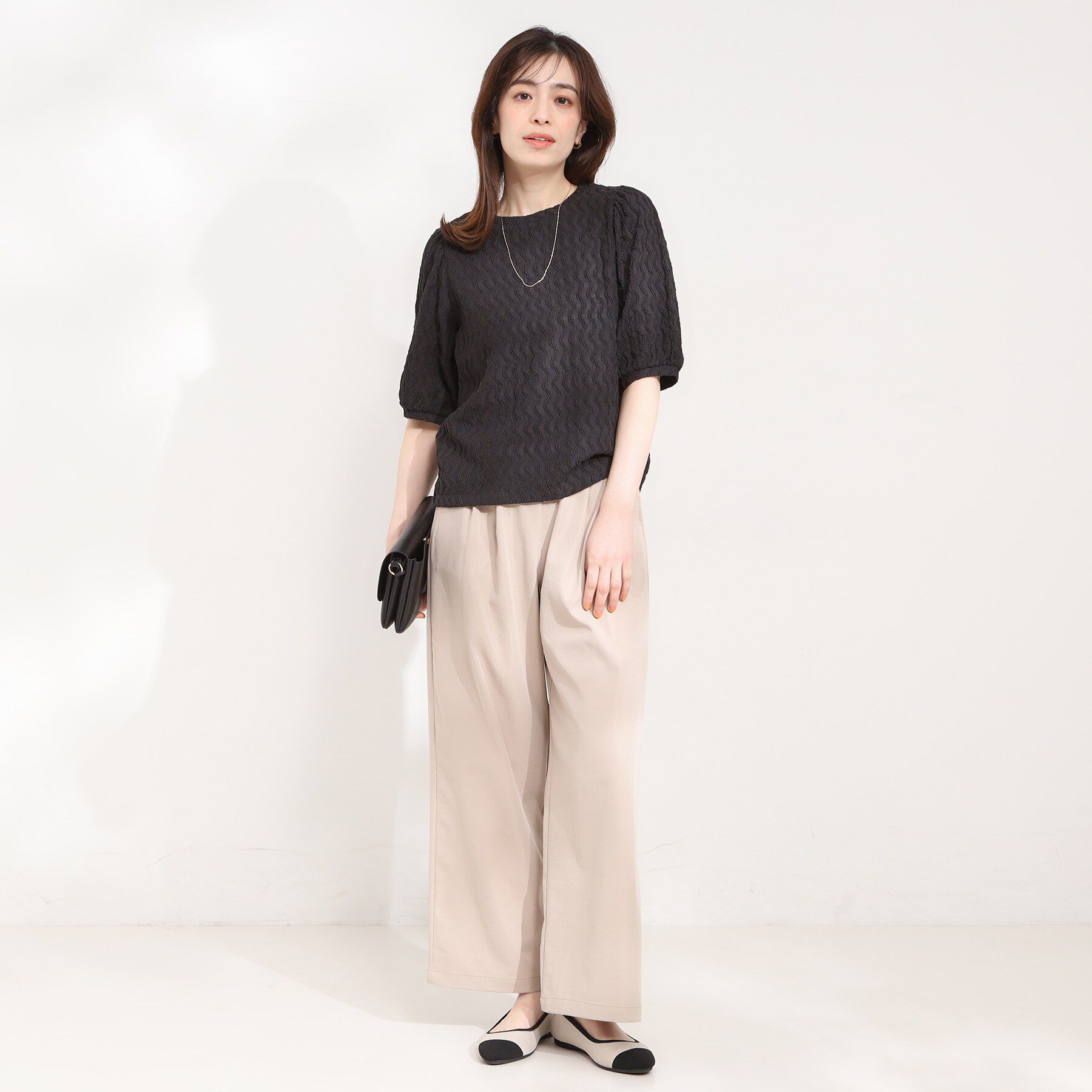 SHOO･LA･RUE「【洗濯機可/S-LL】パフスリーブが女性らしい ウェーブ柄 ジャカードトップス」|Tシャツ・カットソー|