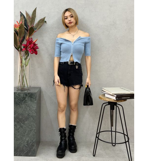 EVRIS「フロントジップハーフスリーブオフショルトップス」|Tシャツ・カットソー|