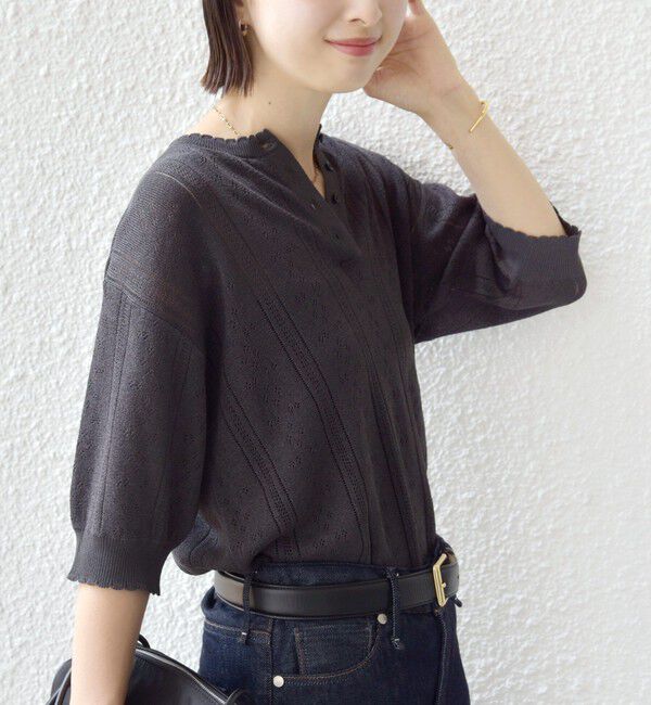 SHIPS for women「《予約》【WEB限定】〈手洗い可能〉ペーパー ヘンリーネック アイレット ニット」|ニット・セーター|
