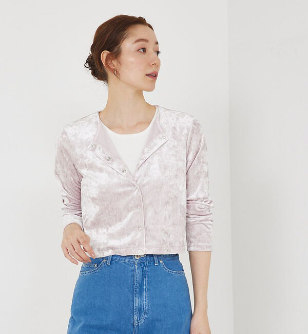 qualite「トリコットベロアショートカーデ」|カーディガン|ピンク