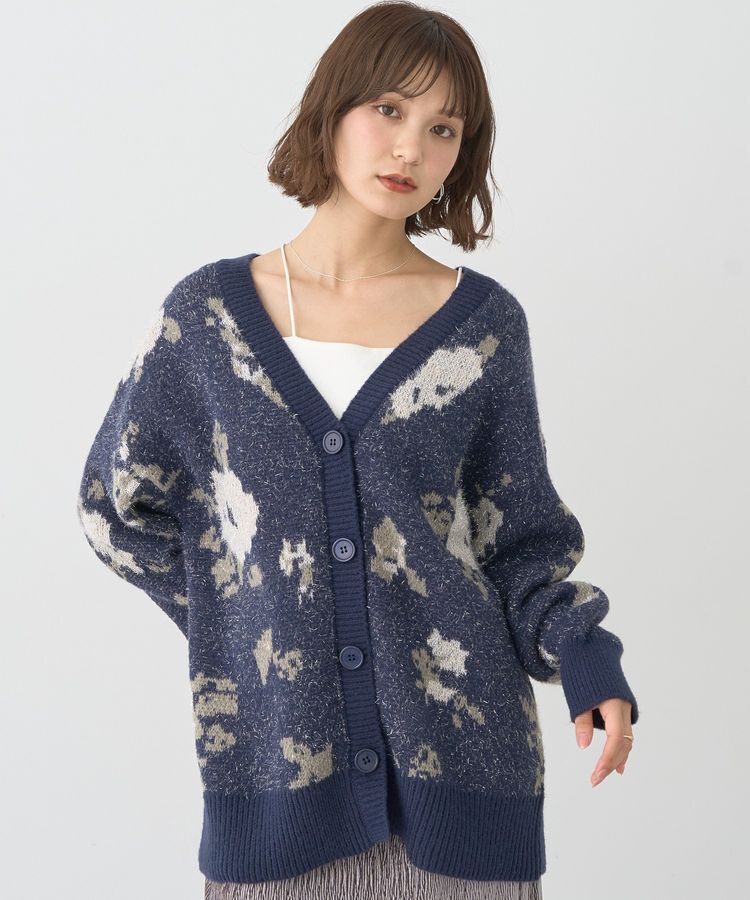 earth music&ecology「フラワージャガードラメシャギーカーディガン」|カーディガン|Navy