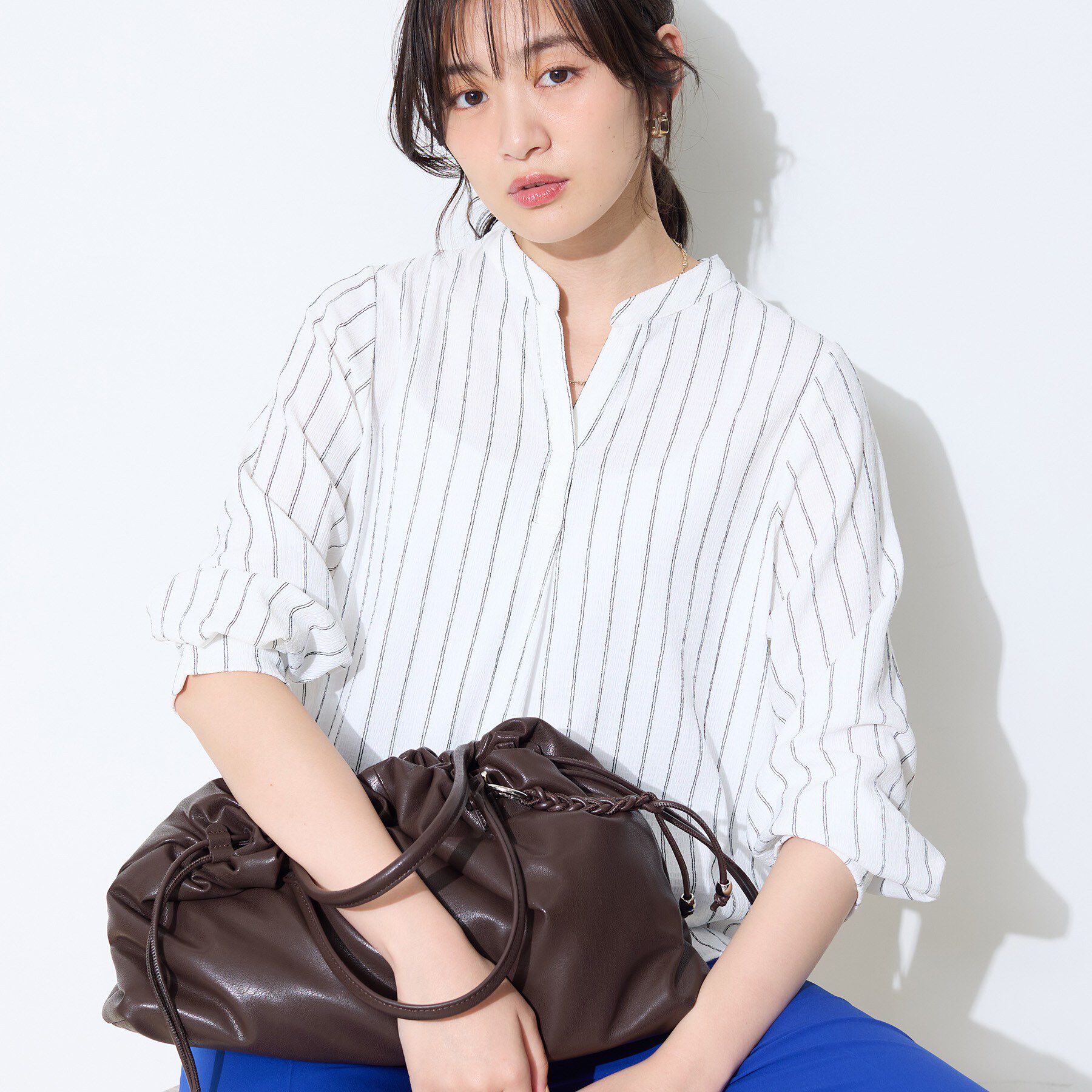 INDIVI「【洗える／着心地楽ちん】ブラウス風ストライプカットソートップス」|Tシャツ・カットソー|ホワイト(301)