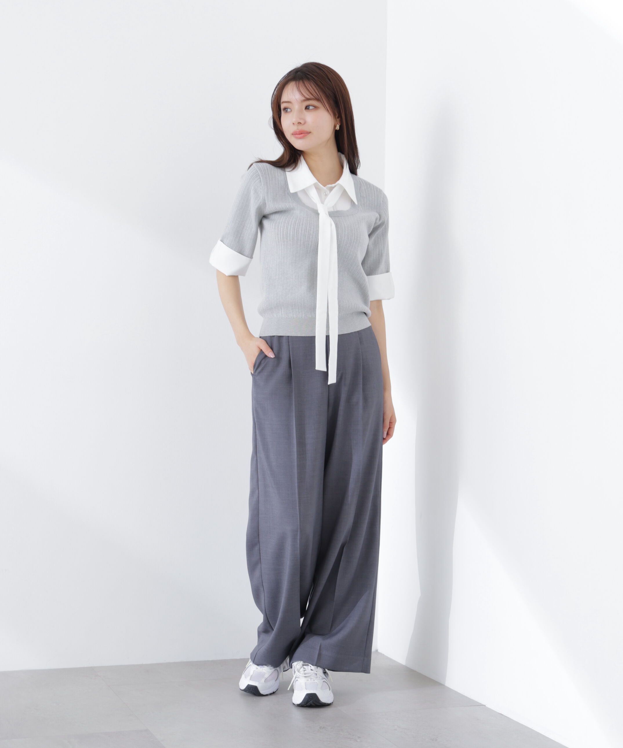 PROPORTION BODY DRESSING「《EDIT COLOGNE》リボンシャツドッキングニット　26SS」|ニット・セーター|