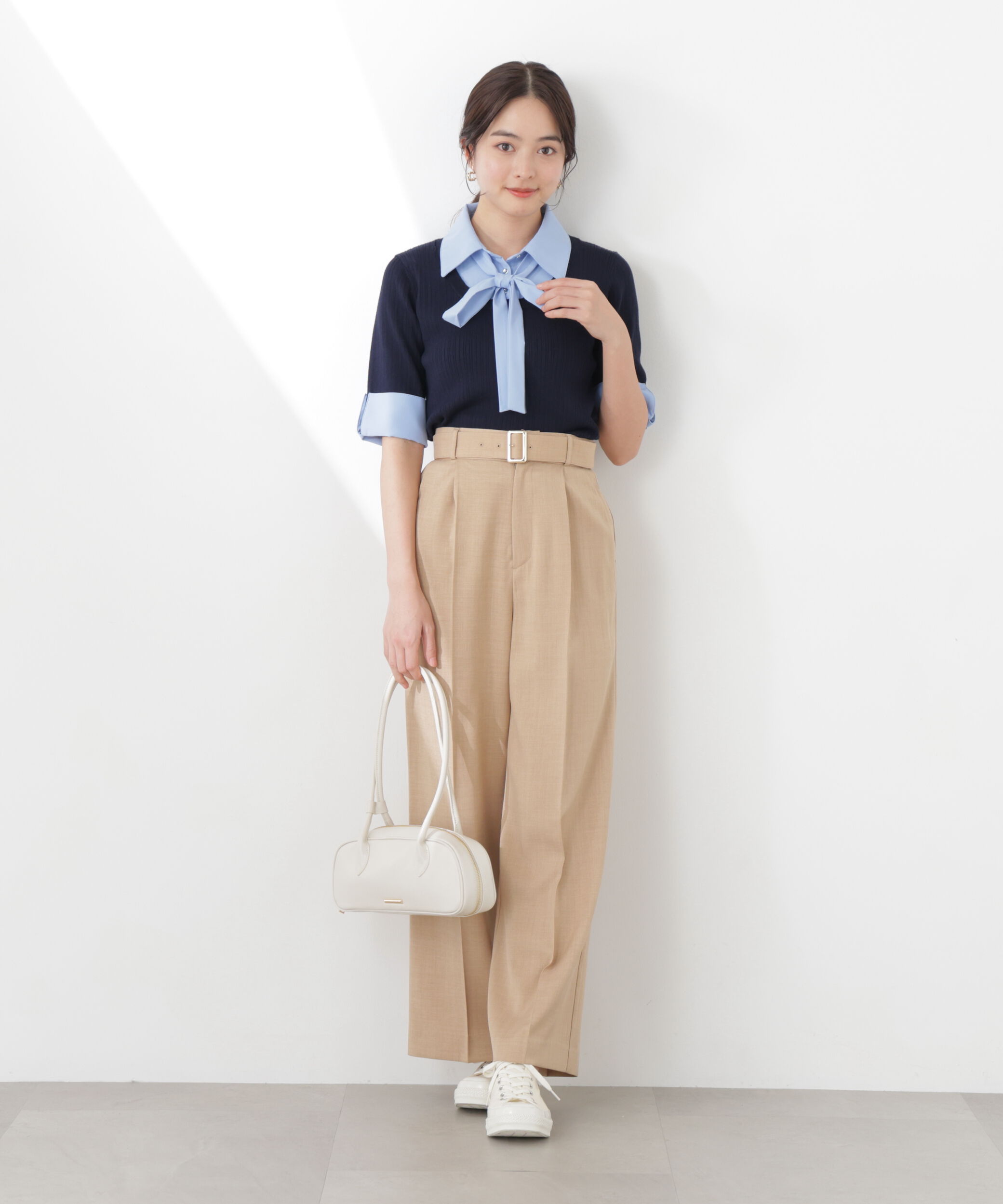 PROPORTION BODY DRESSING「《EDIT COLOGNE》リボンシャツドッキングニット　26SS」|ニット・セーター|