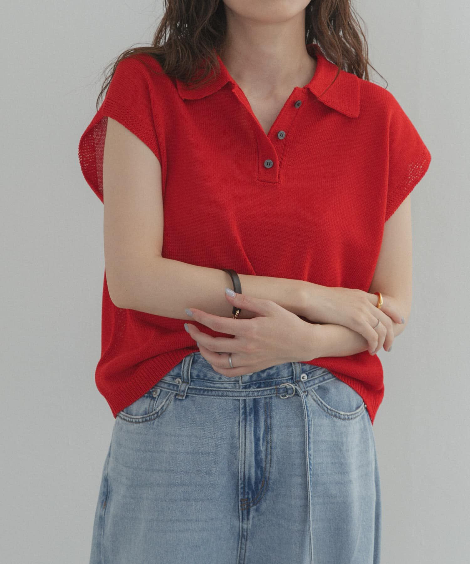 URBAN RESEARCH DOORS「『WEB限定』フレンチスリーブポロニット」|ニット・セーター|レッド