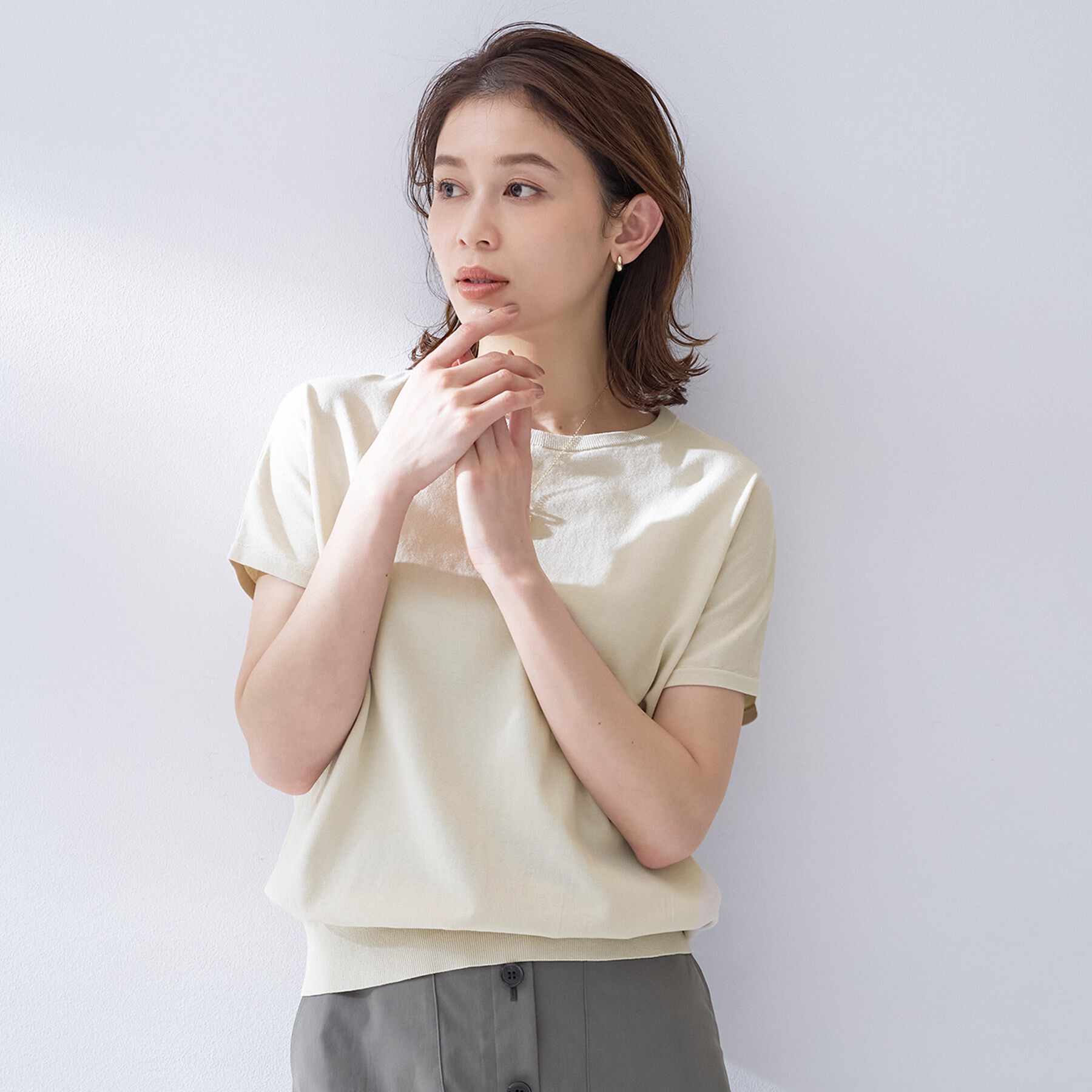 UNTITLED「【9色展開/アンサンブル可/洗える】コットンベーシックニット」|ニット・セーター|ライトベージュ(05