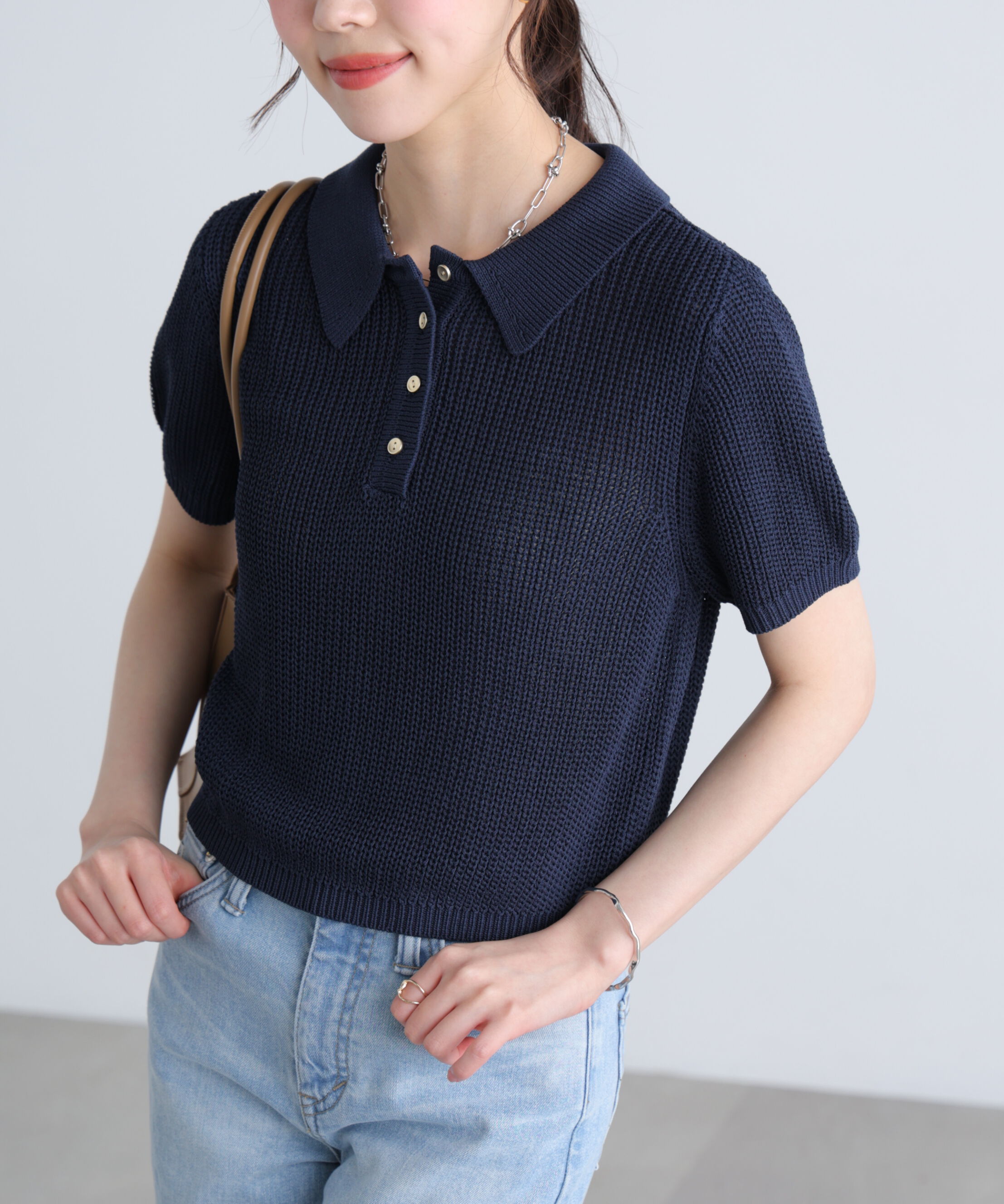  「〈MFM〉金ボタンクロップドポロニット」|ニット・セーター|ネイビー