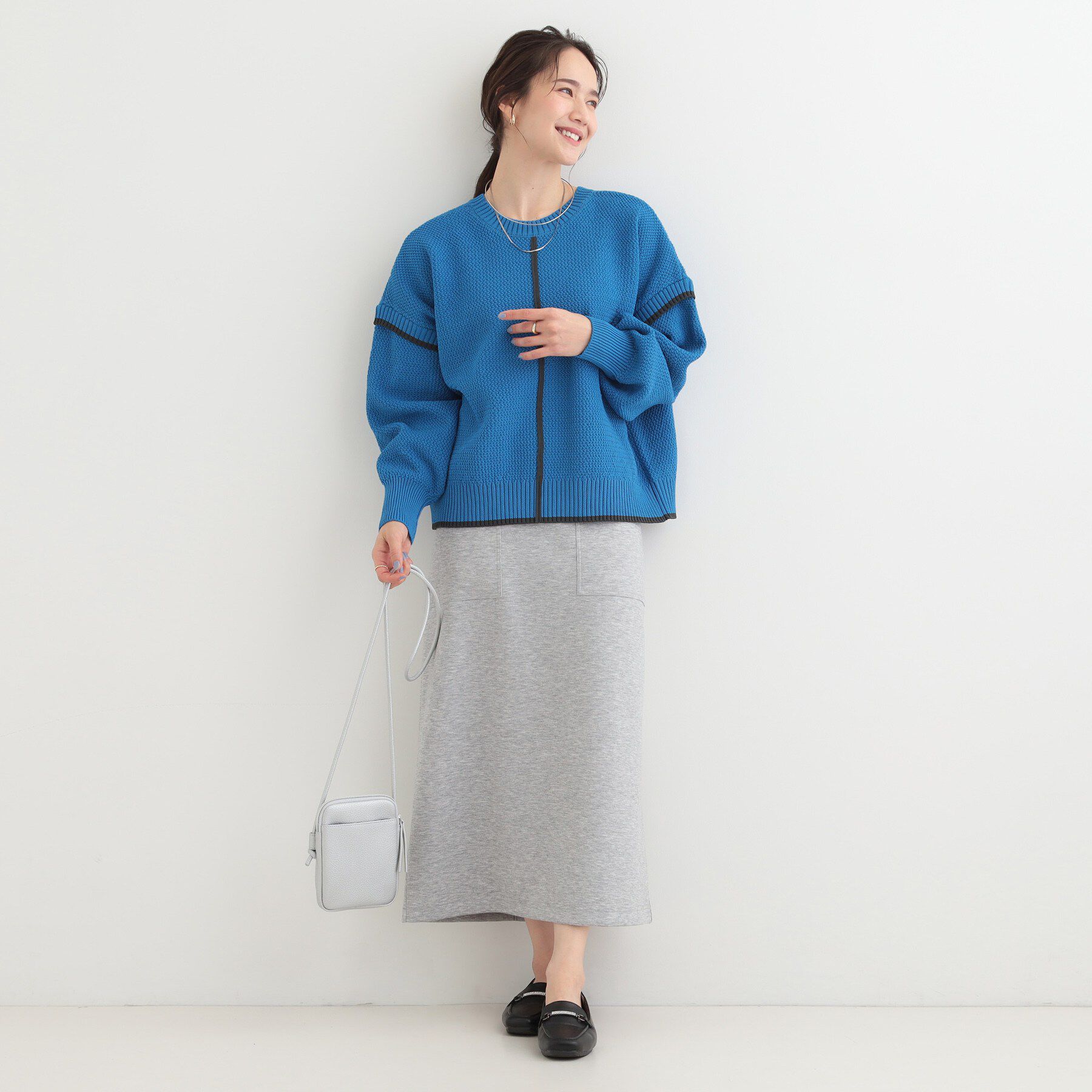 SHOO･LA･RUE「【前後2WAY/S-LL】体型カバーもこなれ見えも叶う　ふんわりお袖の配色パイピングニット」|ニット・セーター|