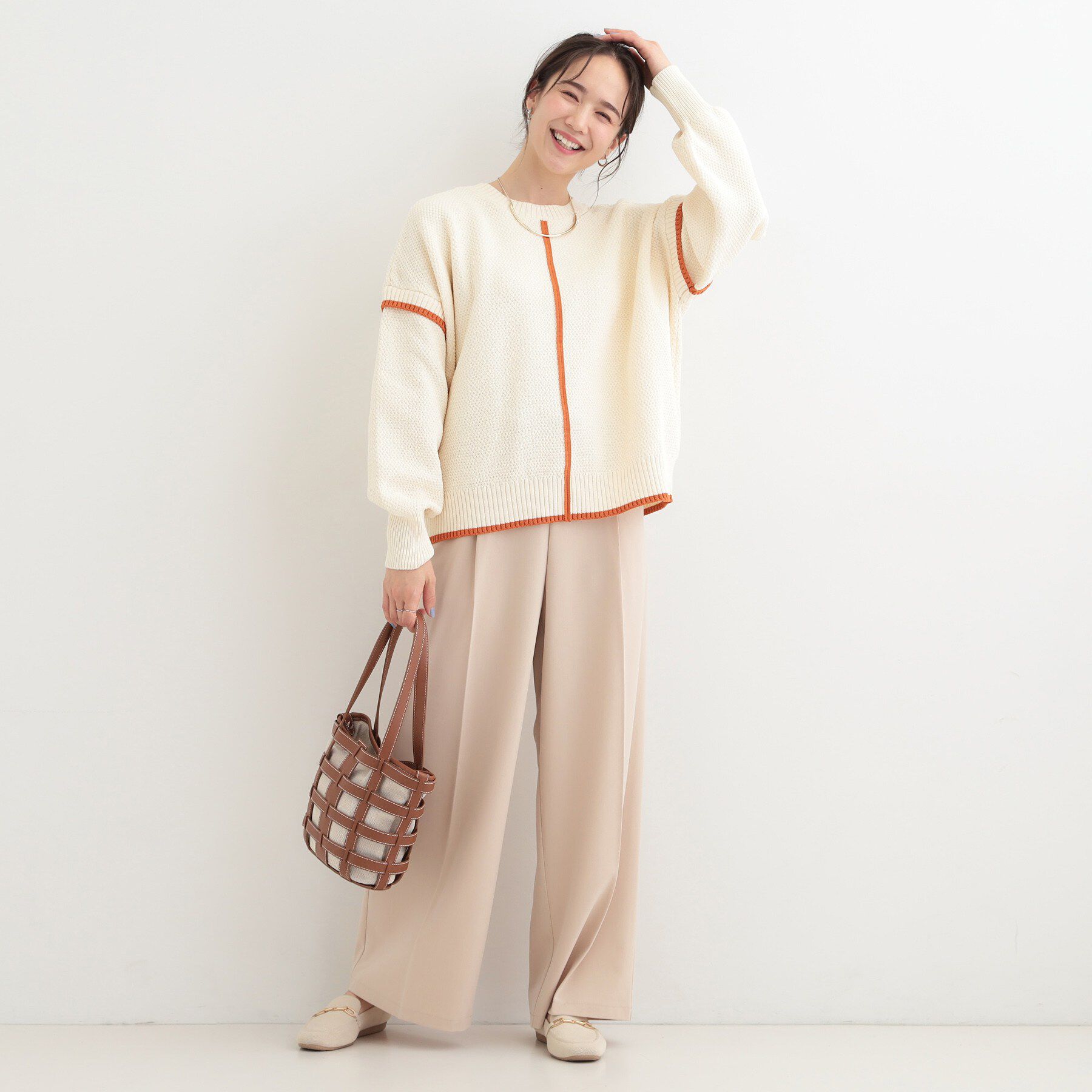 SHOO･LA･RUE「【前後2WAY/S-LL】体型カバーもこなれ見えも叶う　ふんわりお袖の配色パイピングニット」|ニット・セーター|
