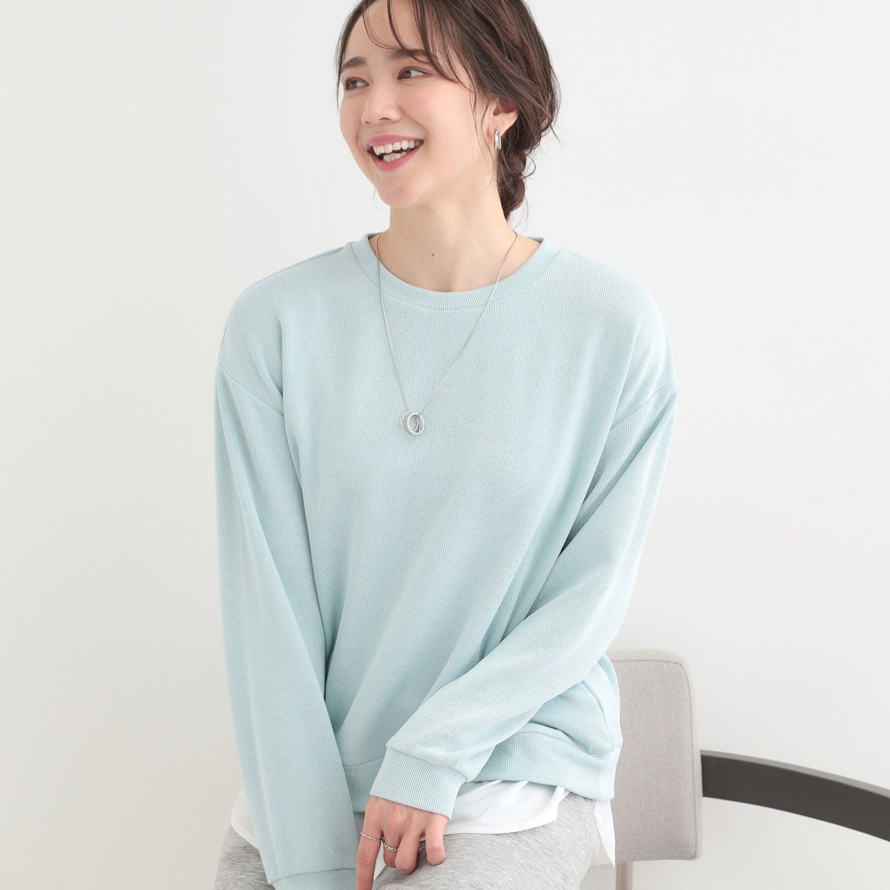 SHOO･LA･RUE「【洗濯機可】1枚でサマ見え ラメニットソー レイヤード風トップス」|Tシャツ・カットソー|サックスブルー(09