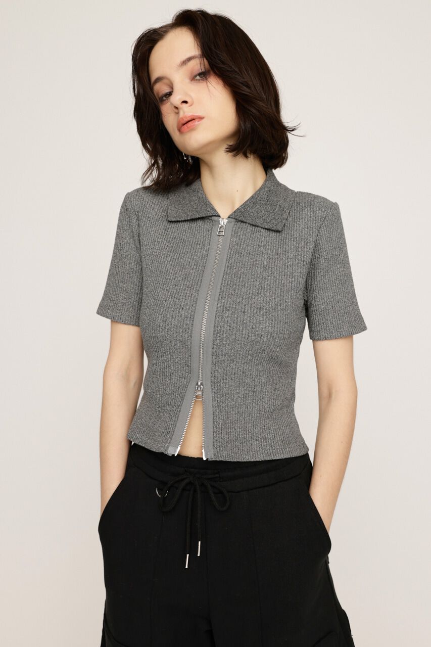 SLY「FRONT ZIP CUT RIB トップス」|Tシャツ・カットソー|M/BLK7