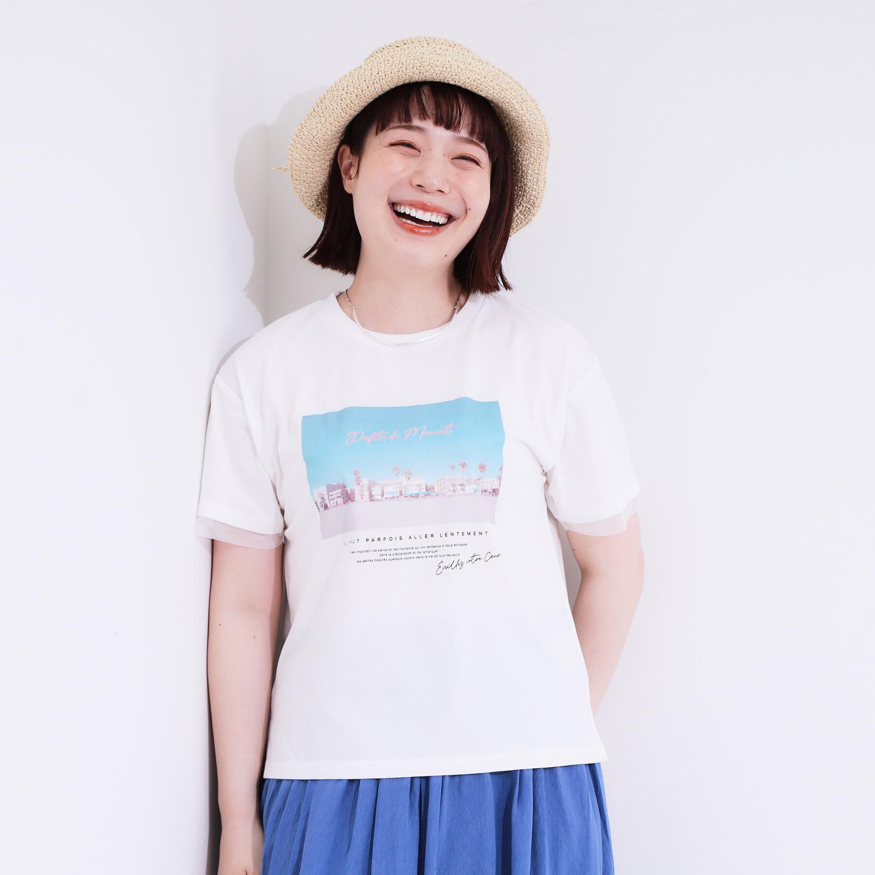 SHOO･LA･RUE「【ひんやり/UVカット】選べる3柄 お袖チュールで差をつける ロゴプリントTシャツ」|Tシャツ・カットソー|