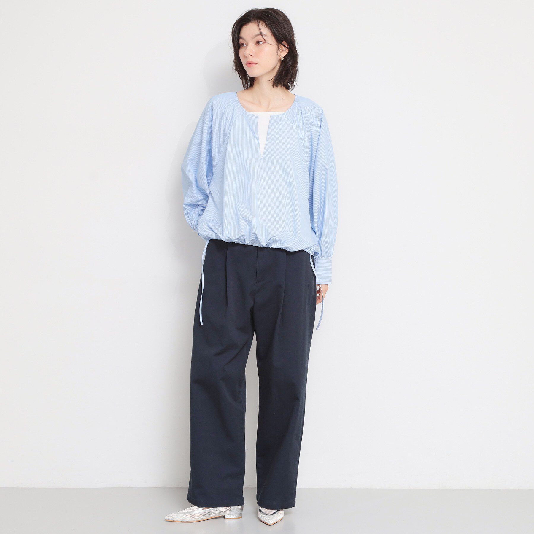 THE SHOP TK「キーネックストライプドロストシャツブラウス」|シャツ・ブラウス|