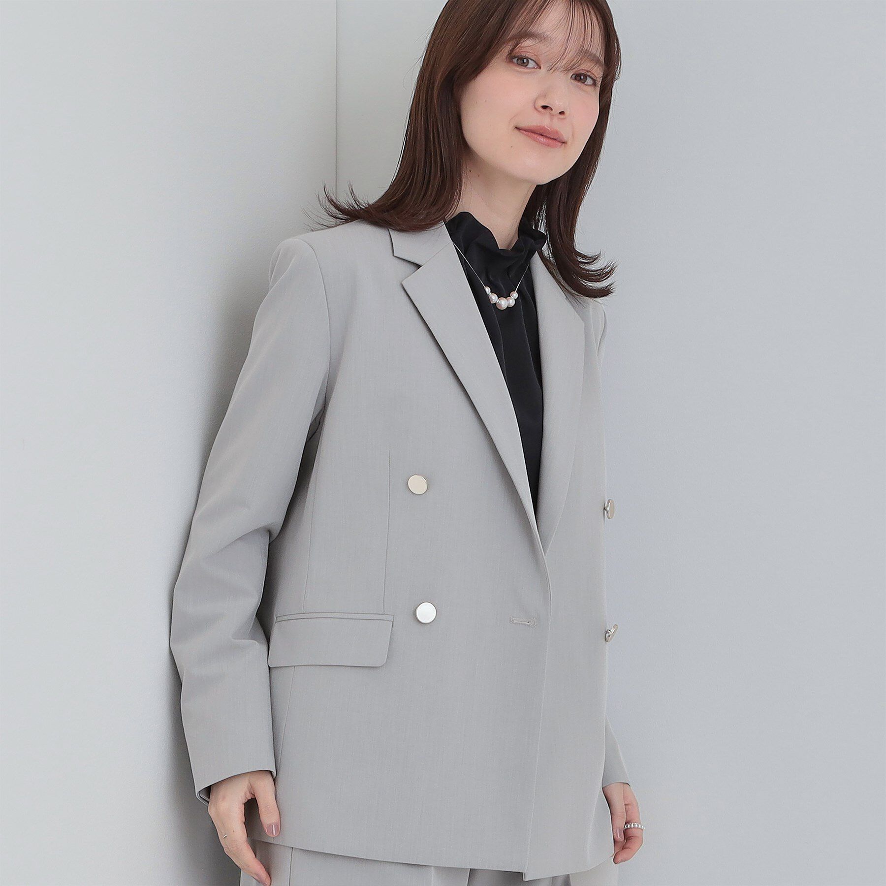 SHOO･LA･RUE「【セットアップ可/S-LL/洗濯機可】マニッシュに決まる ダブルブレストジャケット」|テーラードジャケット|ライトグレー(011