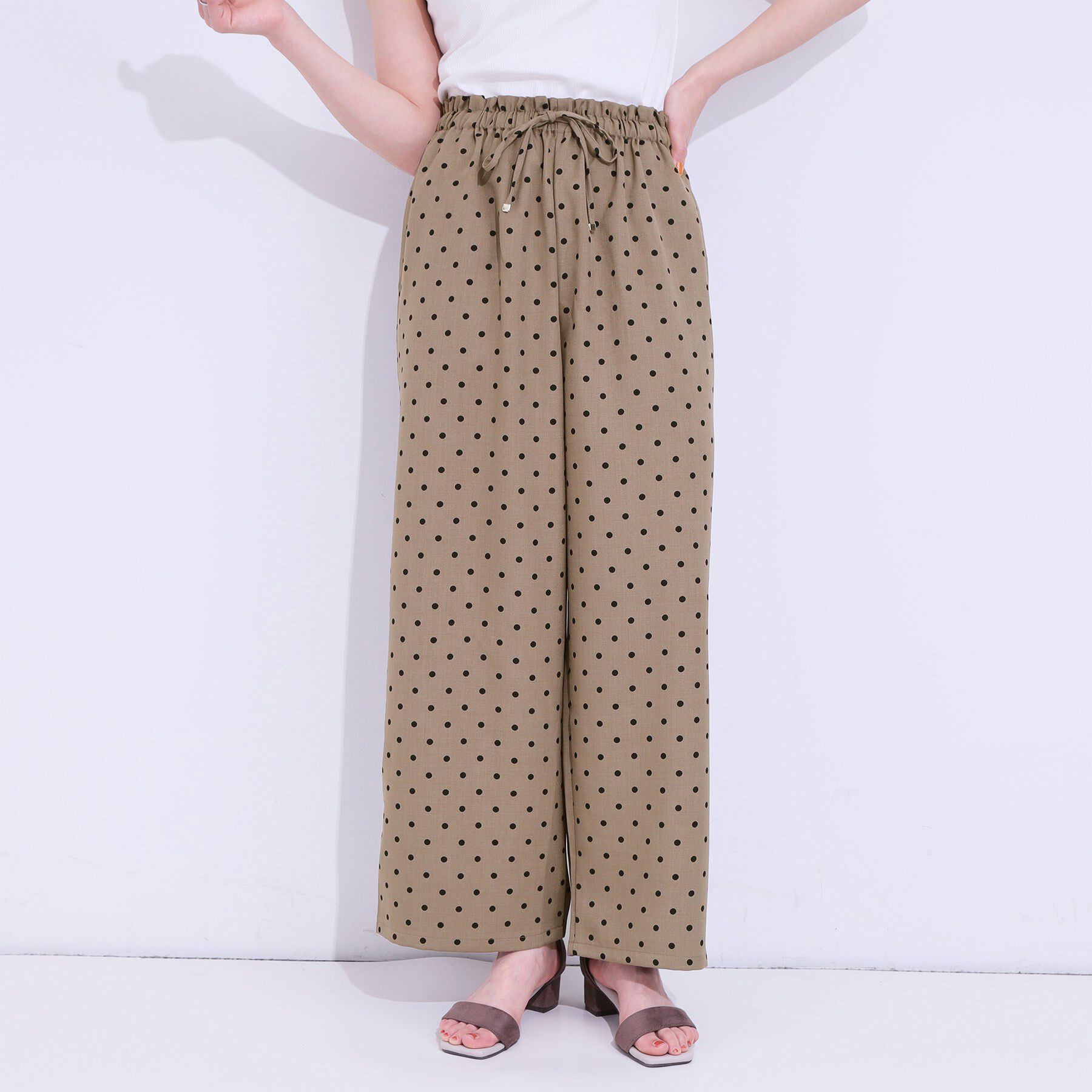 SHOO･LA･RUE「【S-LL】目を惹く柄がアクセント 麻調イージーワイドパンツ」|その他|モカブラウン(642