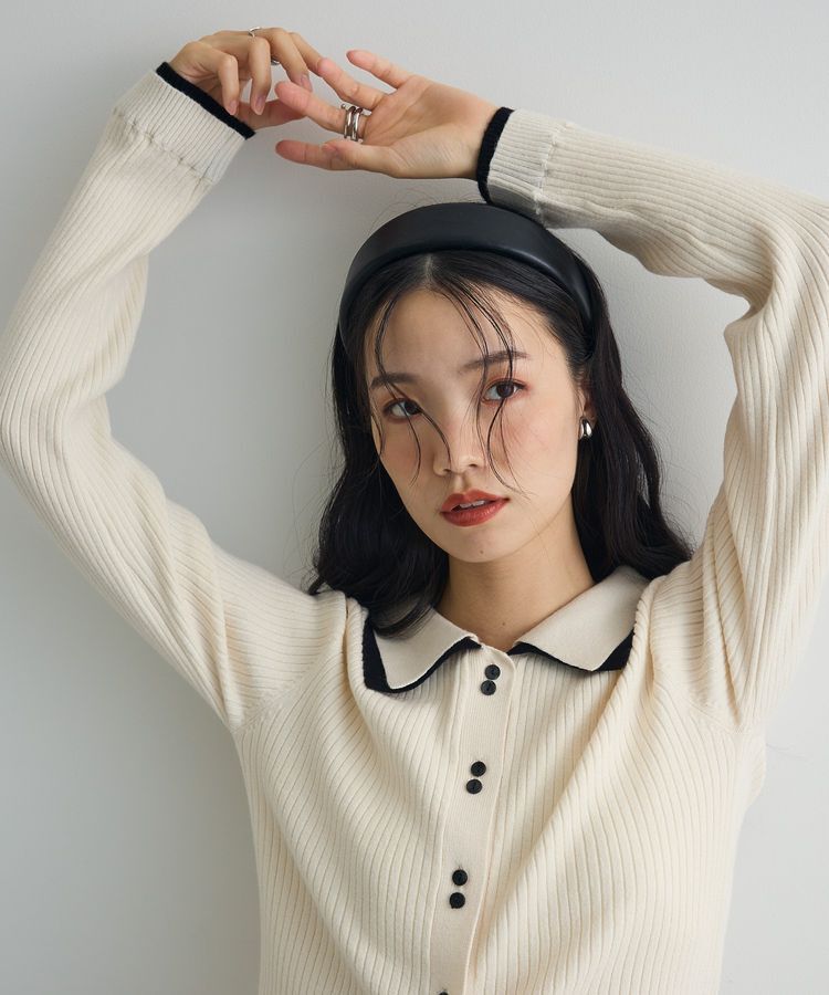 AnriettMusee「配色レイヤードポロリブニットカーディガン」|ニット・セーター|Ivory