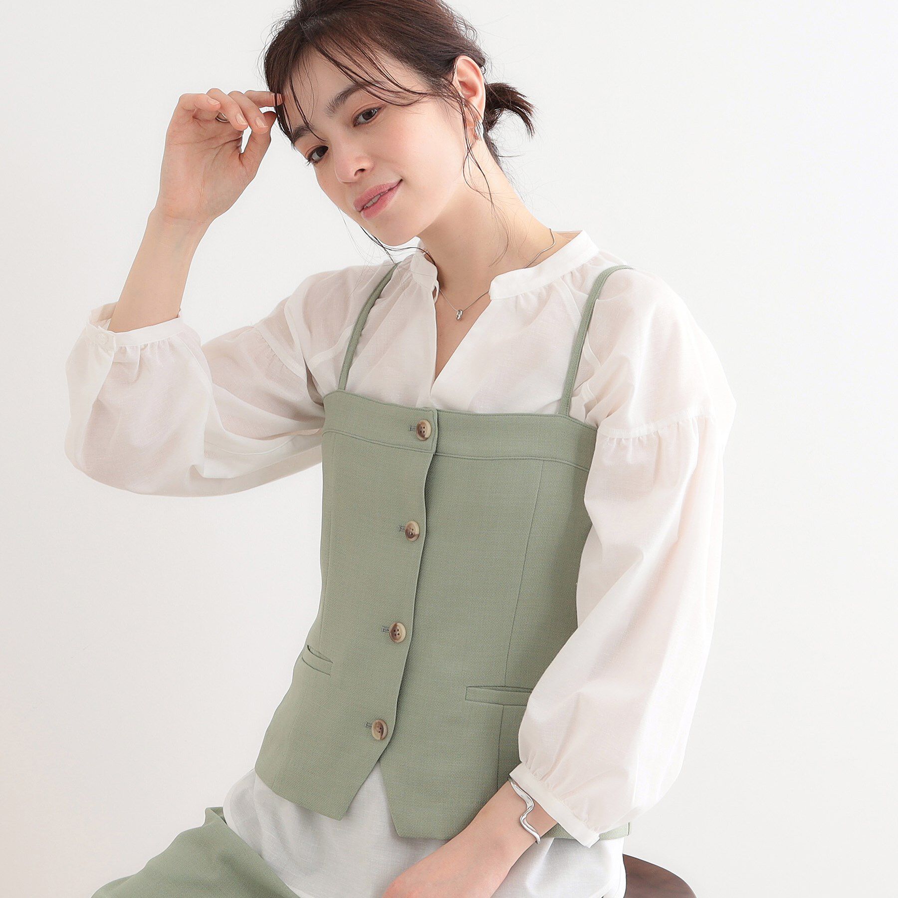 SHOO･LA･RUE「【セットアップ可】コーデが華やぐ 大人の麻調キャミビスチェ」|ベスト・ジレ|ミントグリーン(02