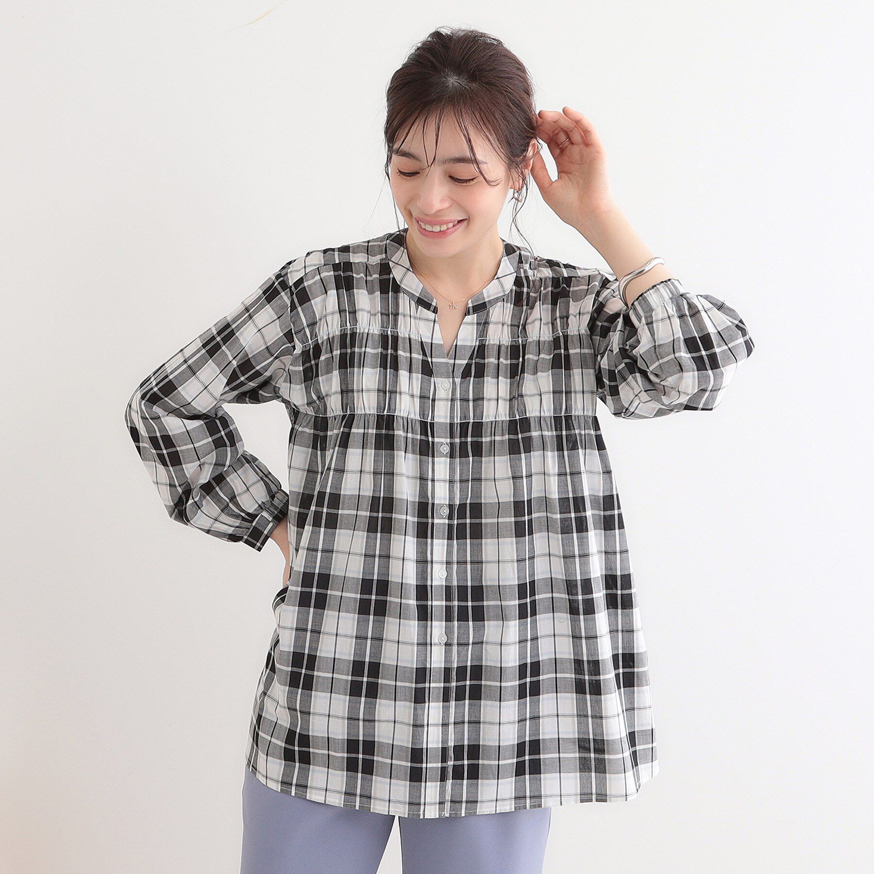 SHOO･LA･RUE「【S-LL】チェック柄シャーリングシャツ」|シャツ・ブラウス|