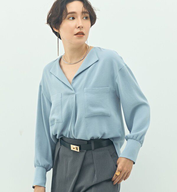 NOLLEY'S sophi「ウォッシャブルバックサテンジョーゼットオープンカラーブラウス」|シャツ・ブラウス|サックス