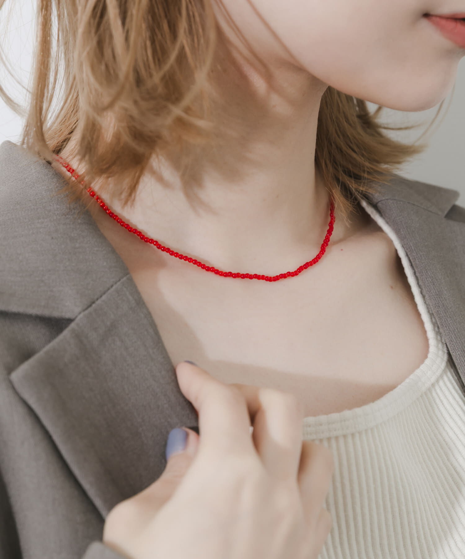 SMELLY「ステンレスカラービーズネックレス」|ネックレス|レッド