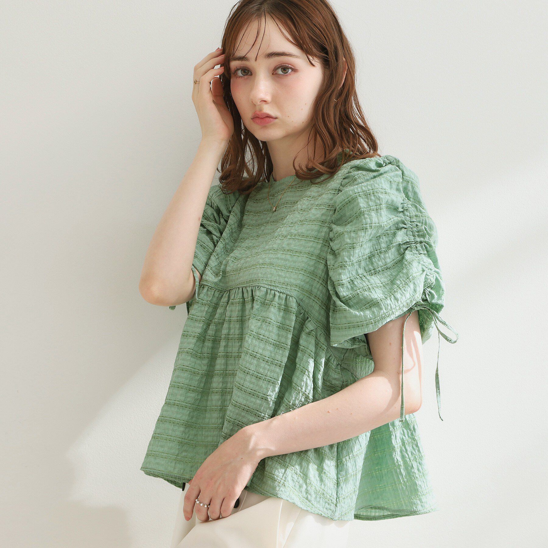 Couture broach「シアーシャーリングリボンブラウス」|シャツ・ブラウス|グリーン(022)