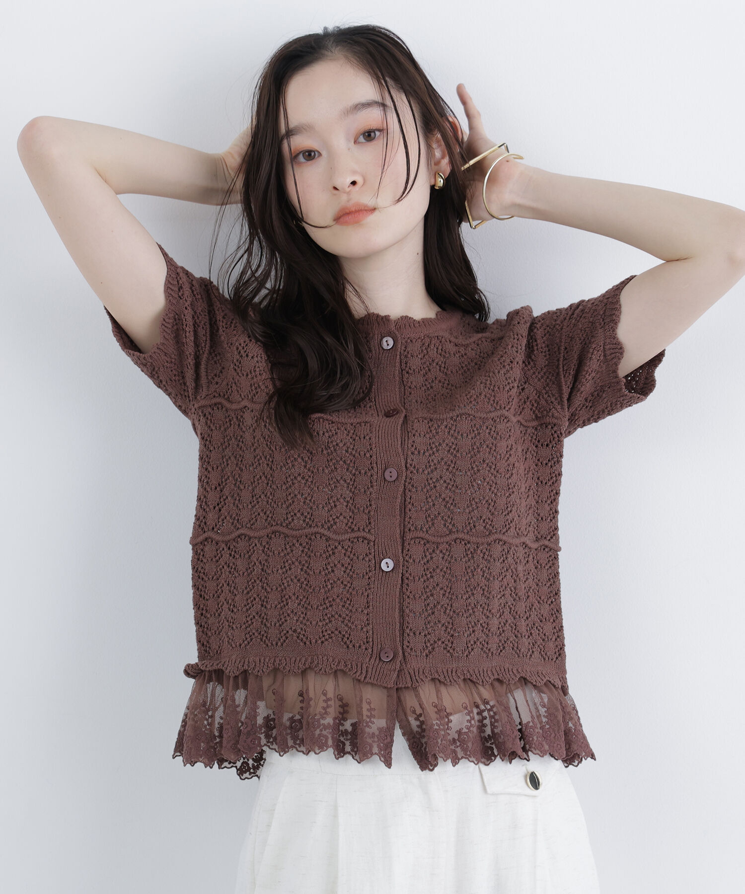  「〈N.〉レースドッキング透かし編みカーディガン」|ニット・セーター|