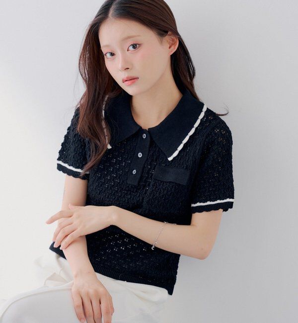  「【SALON by Chico】クロシェポロ袖ラインサマーニット」|ニット・セーター|