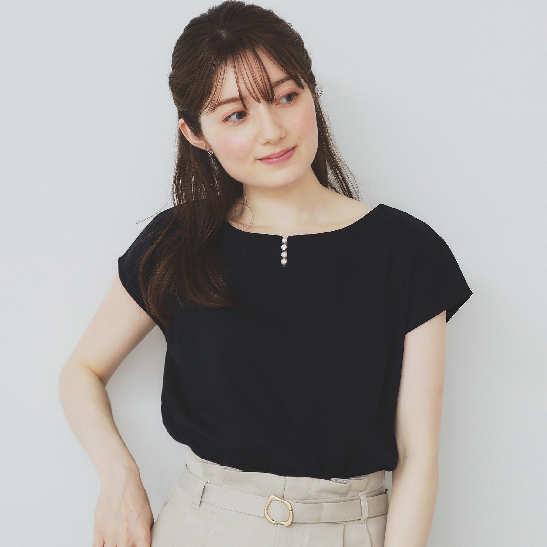 index「《6色展開／XS-3サイズ》キーネックビジュートップス【UV／接触冷感／洗濯機洗い可】」|Tシャツ・カットソー|ネイビー(094)
