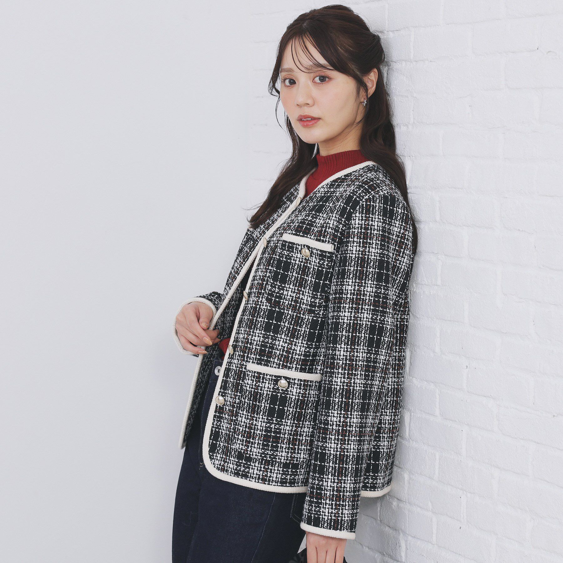 index「チェックツイードジャケットコート／セットアップ対応【洗える】」|ノーカラージャケット|