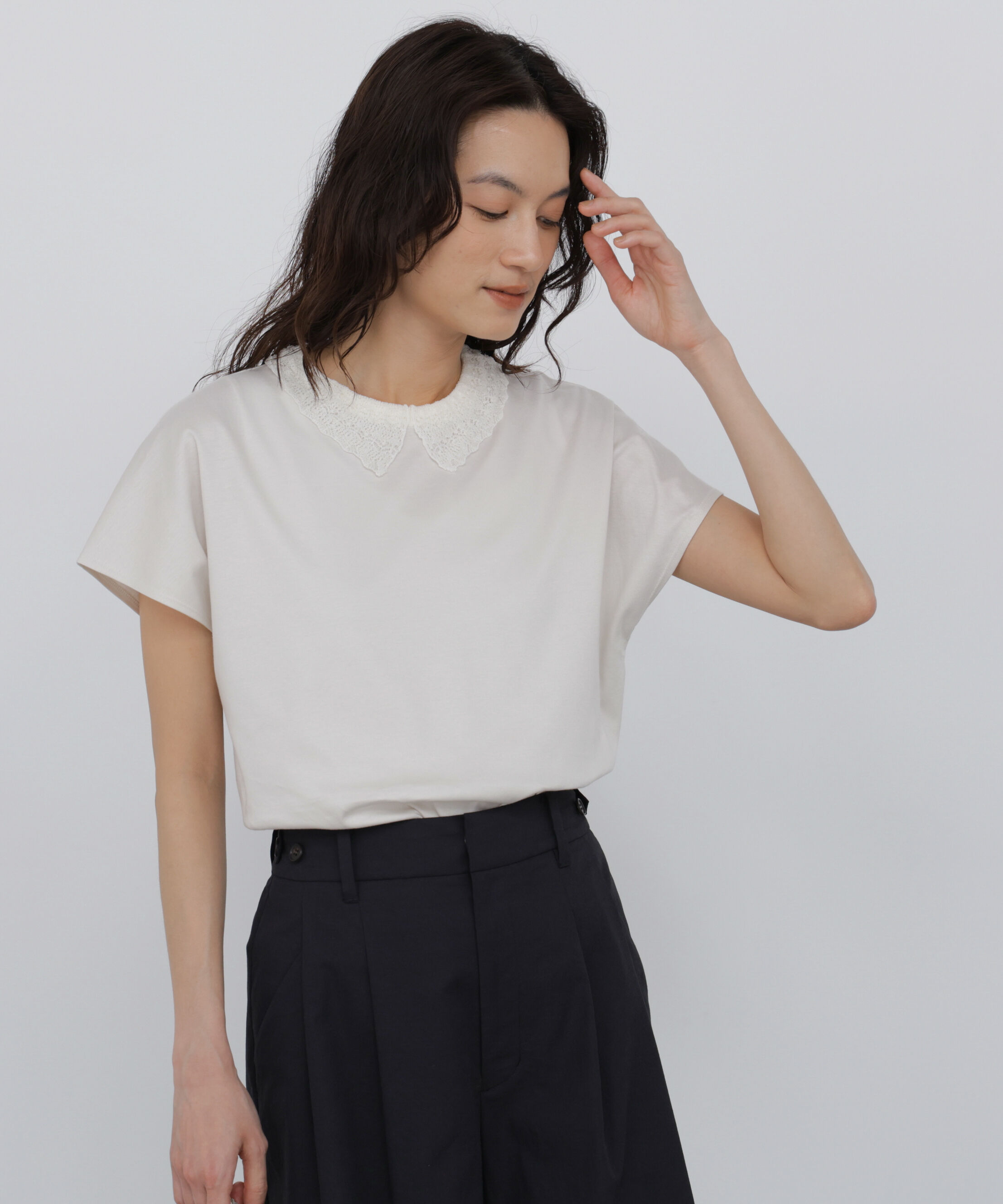  「◆レース衿スムースＴシャツ」|Tシャツ・カットソー|グレー