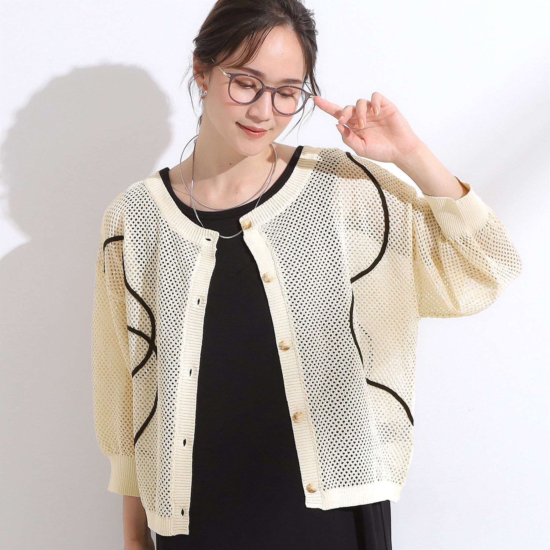 SHOO･LA･RUE「【前後2WAY/S-LL】にょろにょろ刺繍メッシュカーディガン」|カーディガン|オフホワイト(003