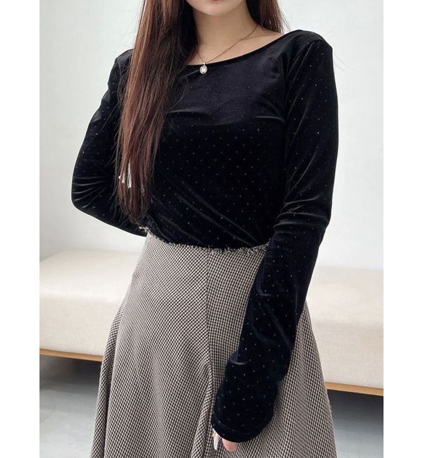 MERCURYDUO「【OUNNOUN】シャイニーベロアトップス」|Tシャツ・カットソー|ブラック