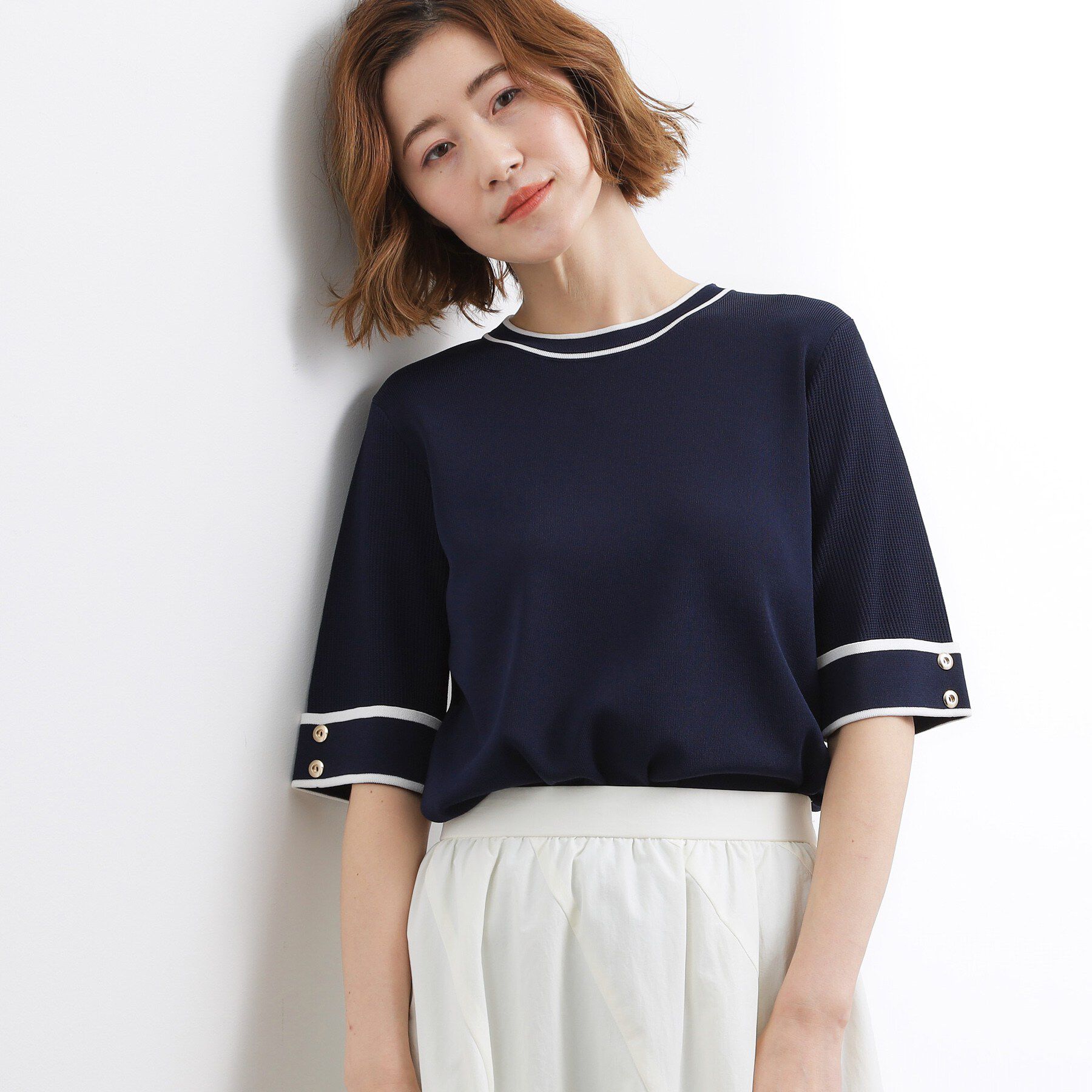 grove「【シリーズ累計36万枚/名品ニット】やわらかドライタッチ 袖メッシュ編みニット」|ニット・セーター|ネイビー&times;オフ(09