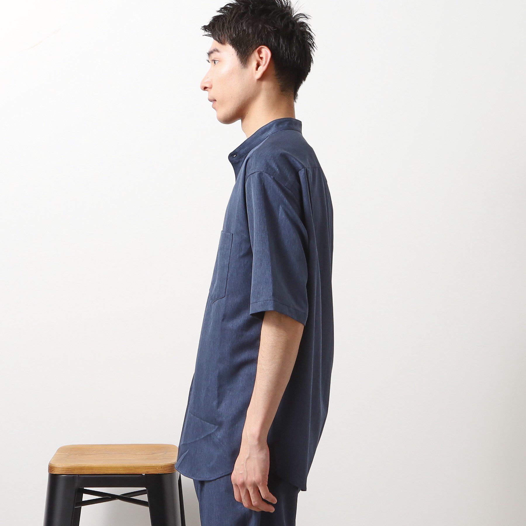 THE SHOP TK「クールファイバー バンドカラー半袖シャツ　接触冷感／吸水速乾／UVケア／軽量／セットアップ可」|シャツ・ブラウス|