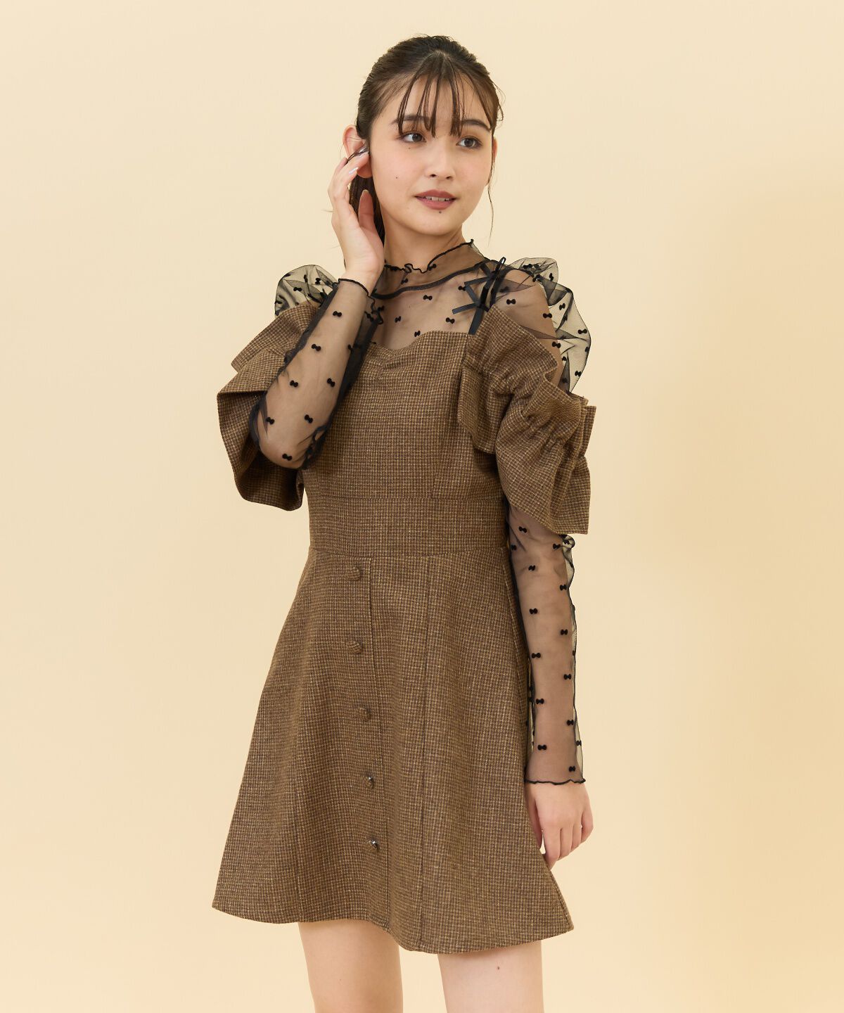 REDYAZEL「シャーリングショルダーミニワンピース」|ワンピース|茶系チェック