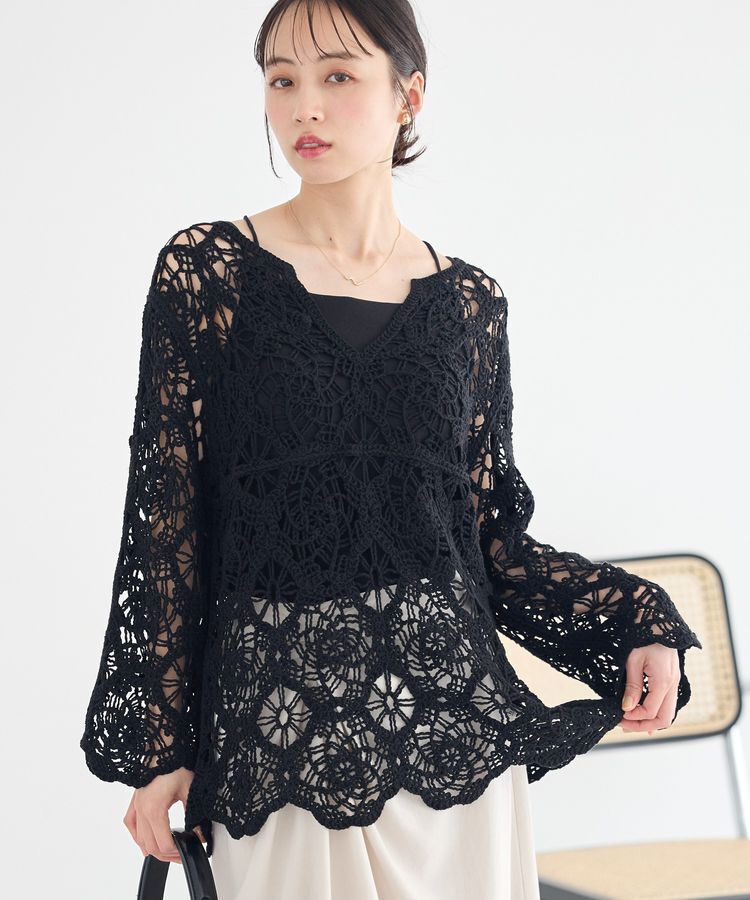 earth music&ecology「クロシェ風プルオーバー」|Tシャツ・カットソー|Black