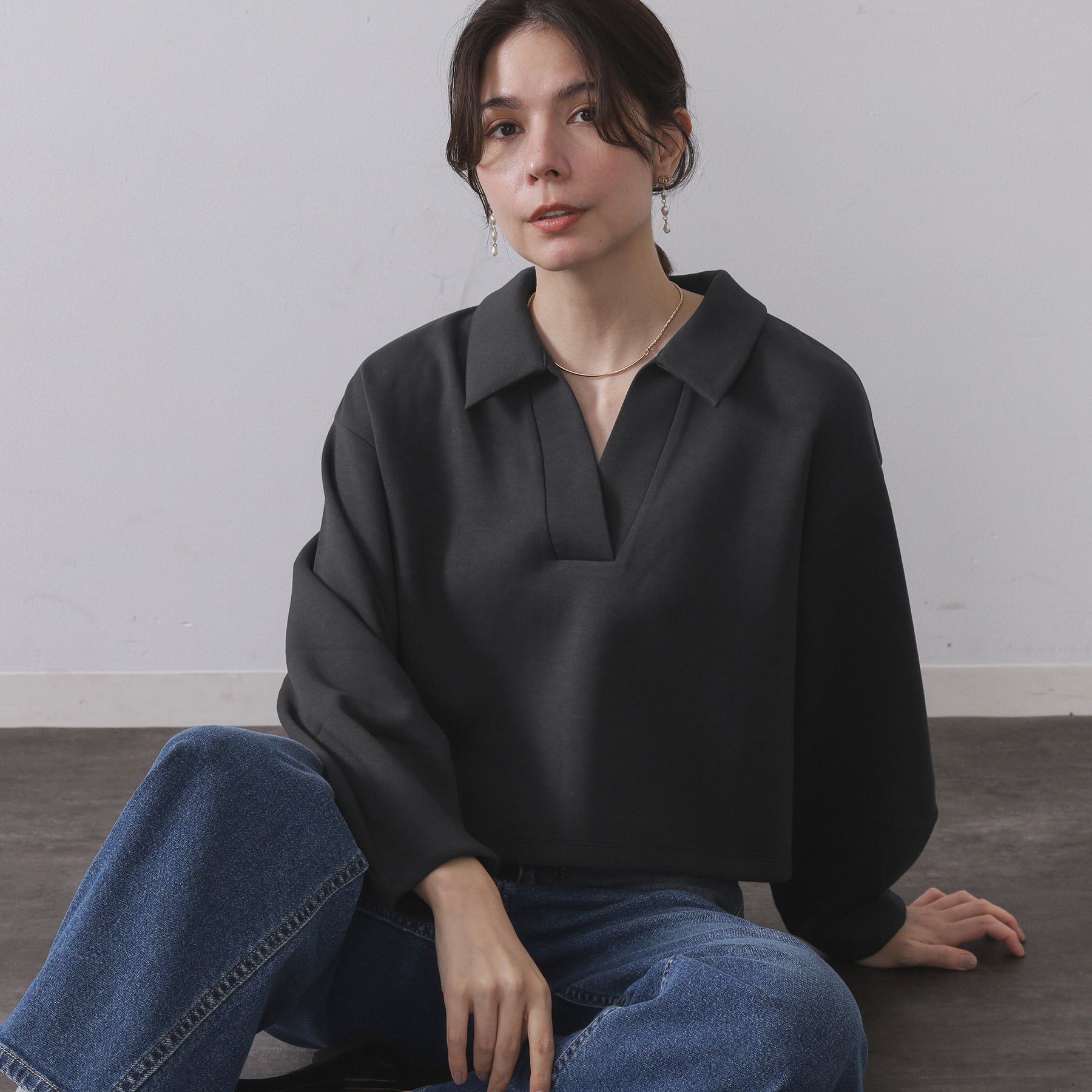 OPAQUE.CLIP「スキッパートップス【UVケア／洗濯機OK】」|Tシャツ・カットソー|チャコールグレー(0
