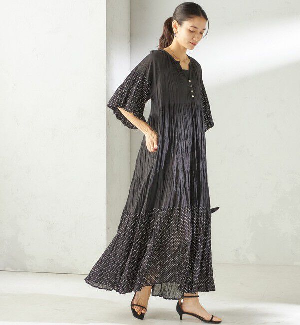 SHIPS for women「【SHIPS別注】Fanaka:〈手洗い可能〉クリンクル 袖 フレア ワンピース」|ワンピース|ブラック