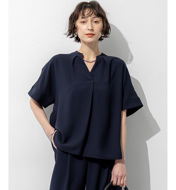 23区「ストレッチジョーゼット キーネック ブラウス」|Tシャツ・カットソー|ネイビー系