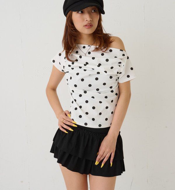  「ギャザーオフショルドットトップス」|Tシャツ・カットソー|