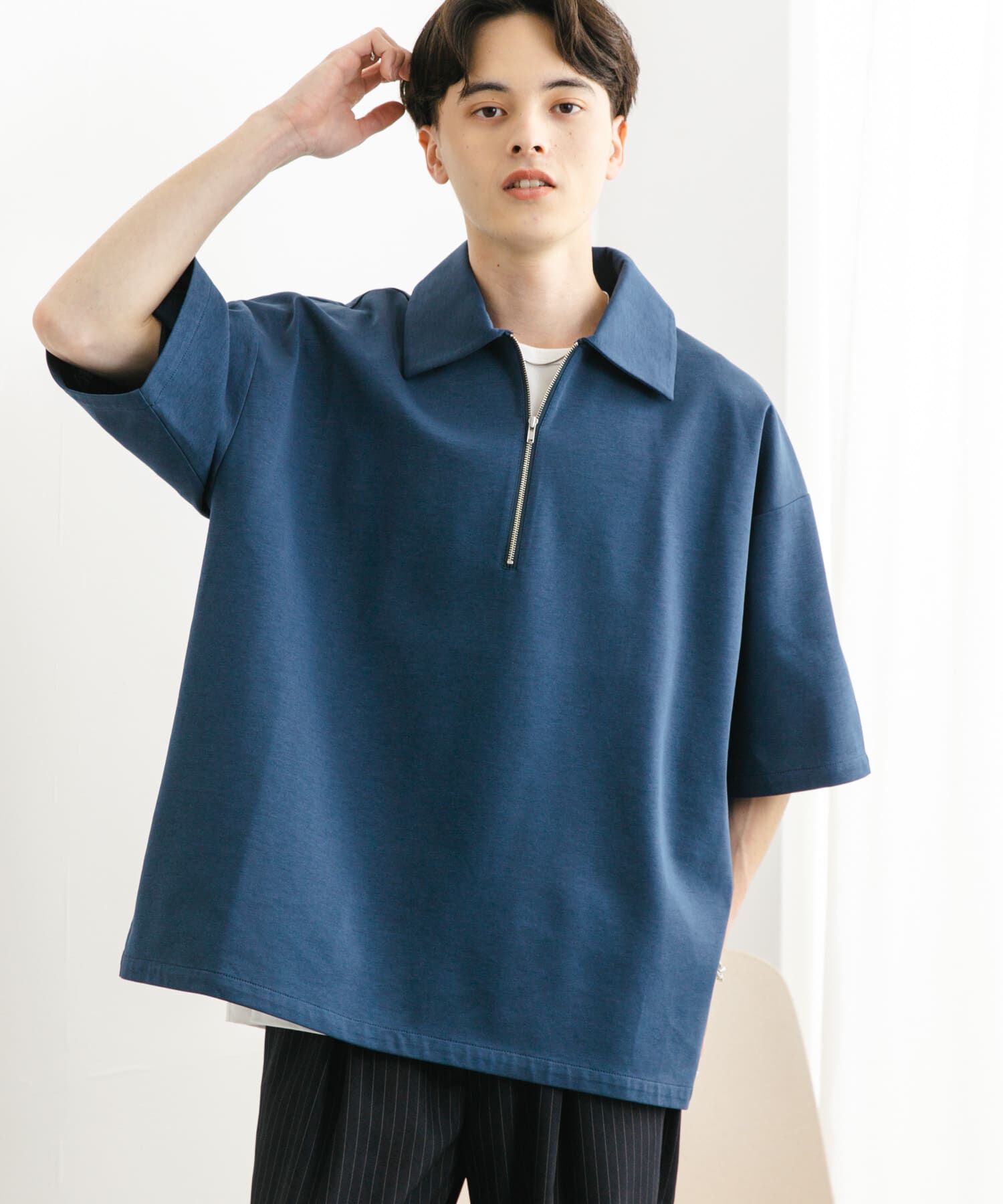 SENSE OF PLACE by URBAN RESEARCH「『ユニセックス』ダンボールポンチハーフジップショートスリーブTシャツ」|Tシャツ・カットソー|ネイビー