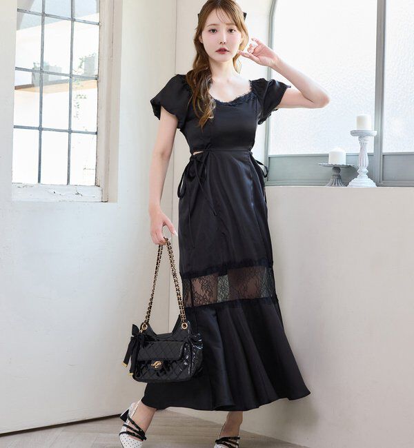  「【Lace Collection】サイドカットレース切替ロングワンピース」|ワンピース|