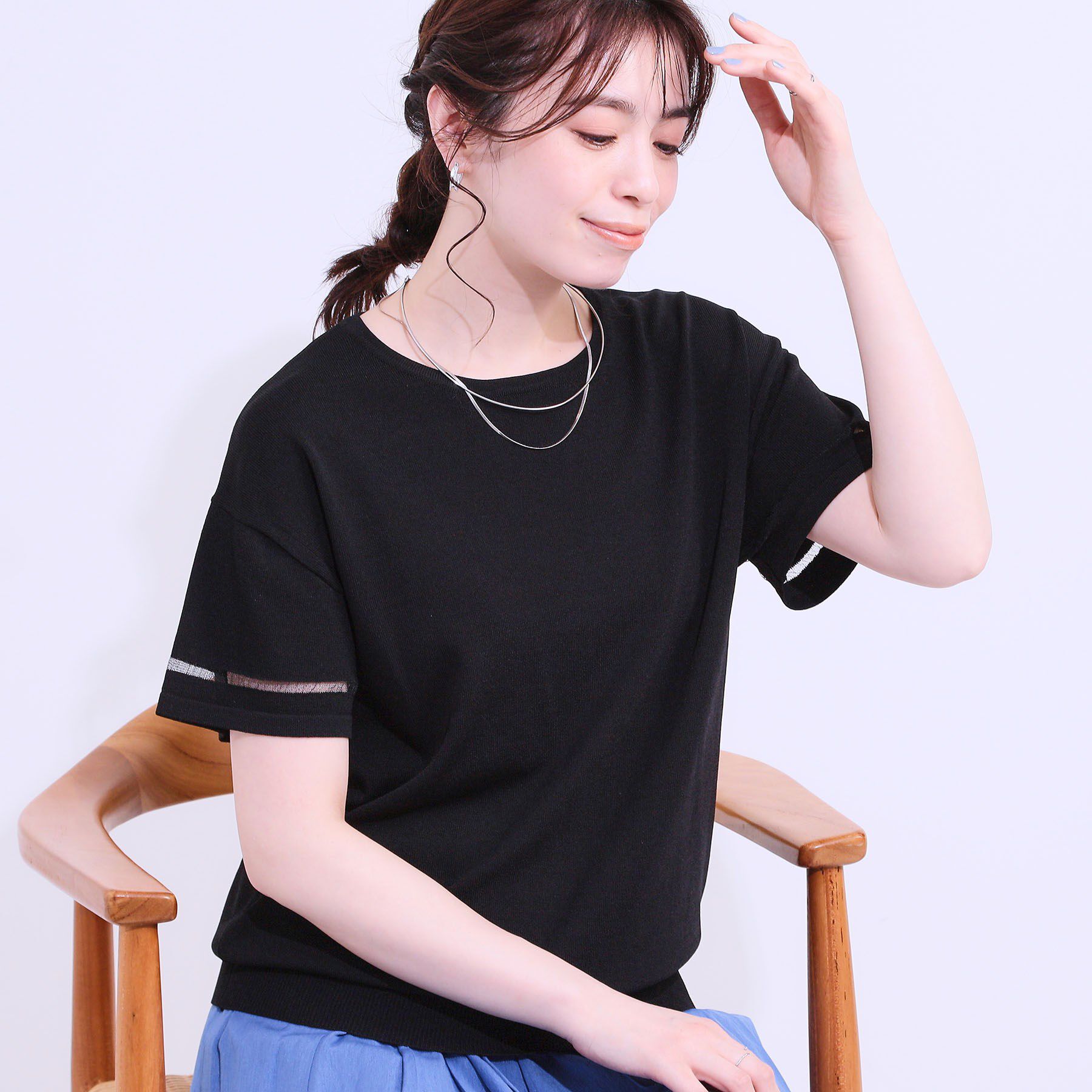 SHOO･LA･RUE「【S-LL/洗える/UV】お袖シアーでヘルシーに フレアスリーブサマーニット」|ニット・セーター|ブラック(019)