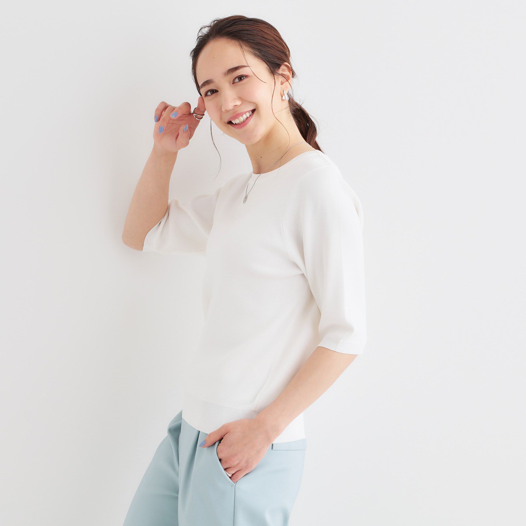 SHOO･LA･RUE「【高レビュー/洗える/S-LL】季節の変わり目から活躍 5分袖ニット」|ニット・セーター|