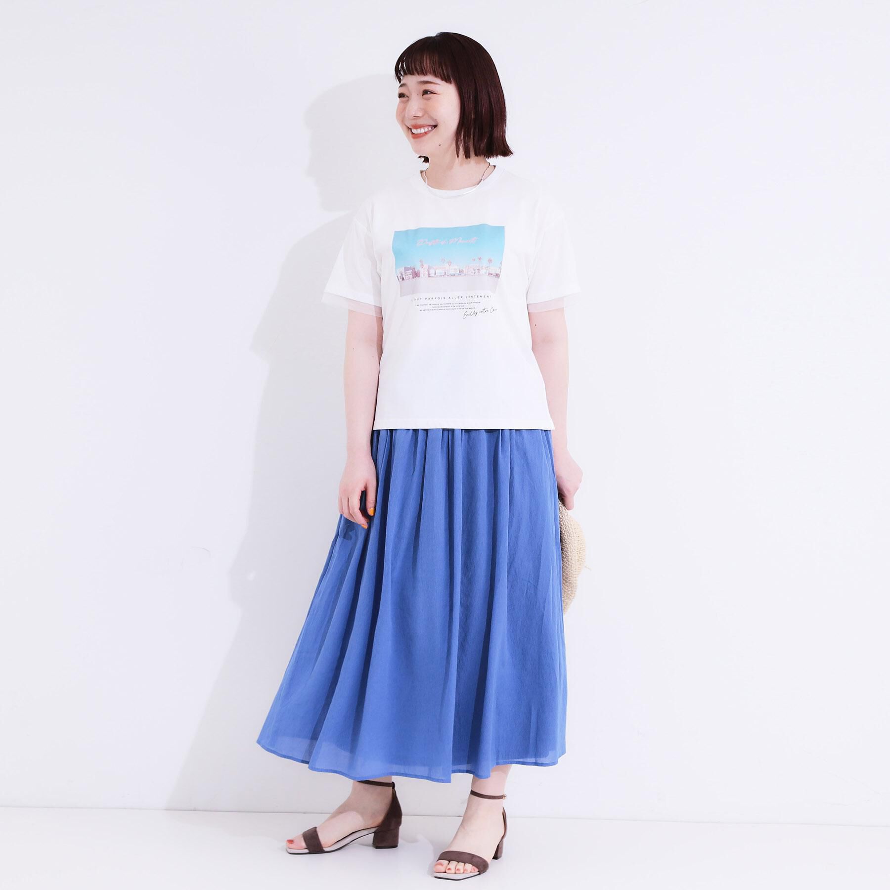 SHOO･LA･RUE「【ひんやり/UVカット】選べる3柄 お袖チュールで差をつける ロゴプリントTシャツ」|Tシャツ・カットソー|