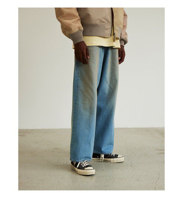 BEAMS「BEAMS｜Wide Denim Pants｜5ポケット ヴィンテージディテール｜スピンドル仕様 ベルトレス」|デニム|MID_BLUE