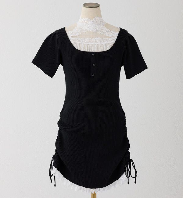  「 【Lace Collection】ドロストニットミニワンピース」|ワンピース|
