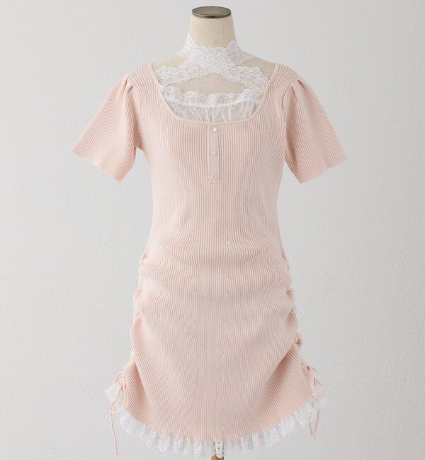  「 【Lace Collection】ドロストニットミニワンピース」|ワンピース|